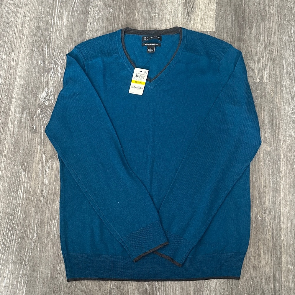 INC International Concepts Teal V-Neck Sweater with Black Trim